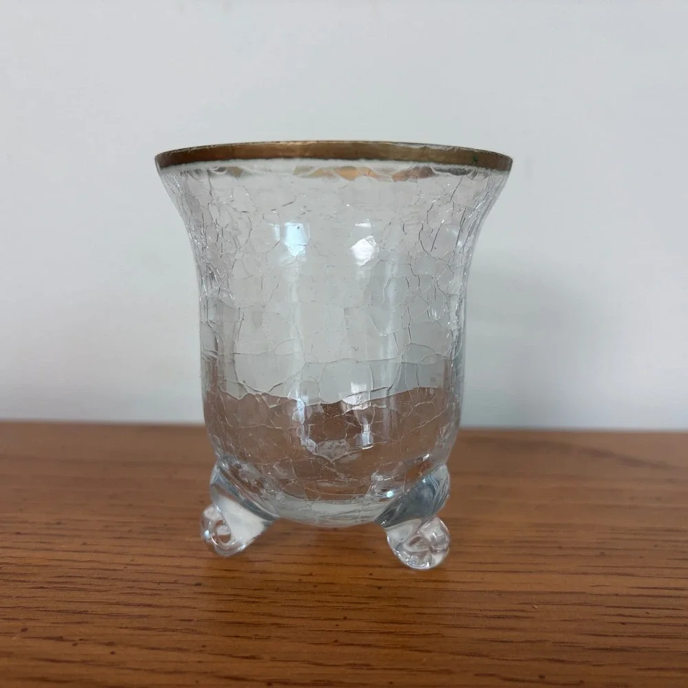 Vintage Clear Crackle Glass Footed Votive Holder Gold Rim Tripod Base